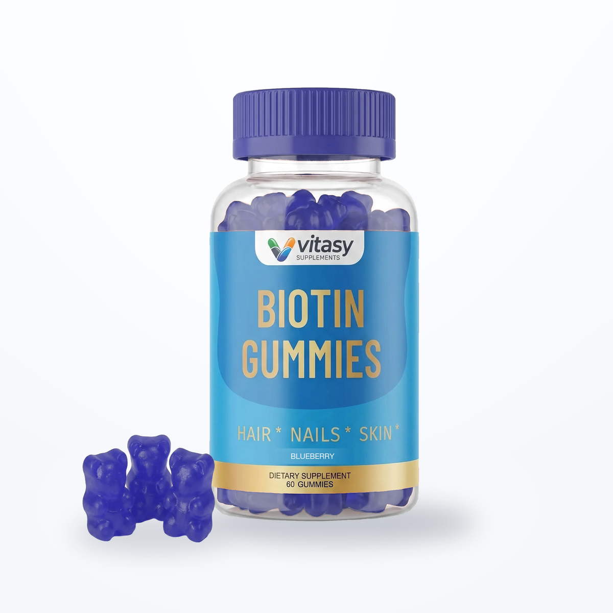 Biotin Gummies v4 - Gallery Image 3 - Google Shopping-safe Blueberry flavor hero — locked v4 master geometry