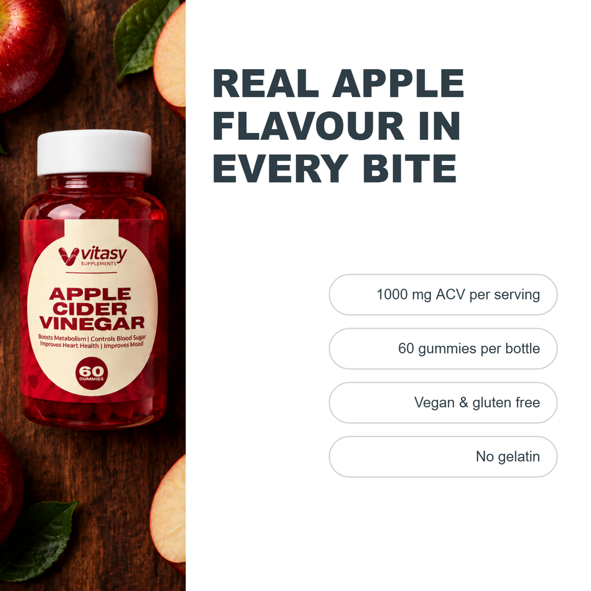 Real apple flavour in every bite v2 - 1000 mg ACV, 60 gummies, vegan and gluten free, no gelatin
