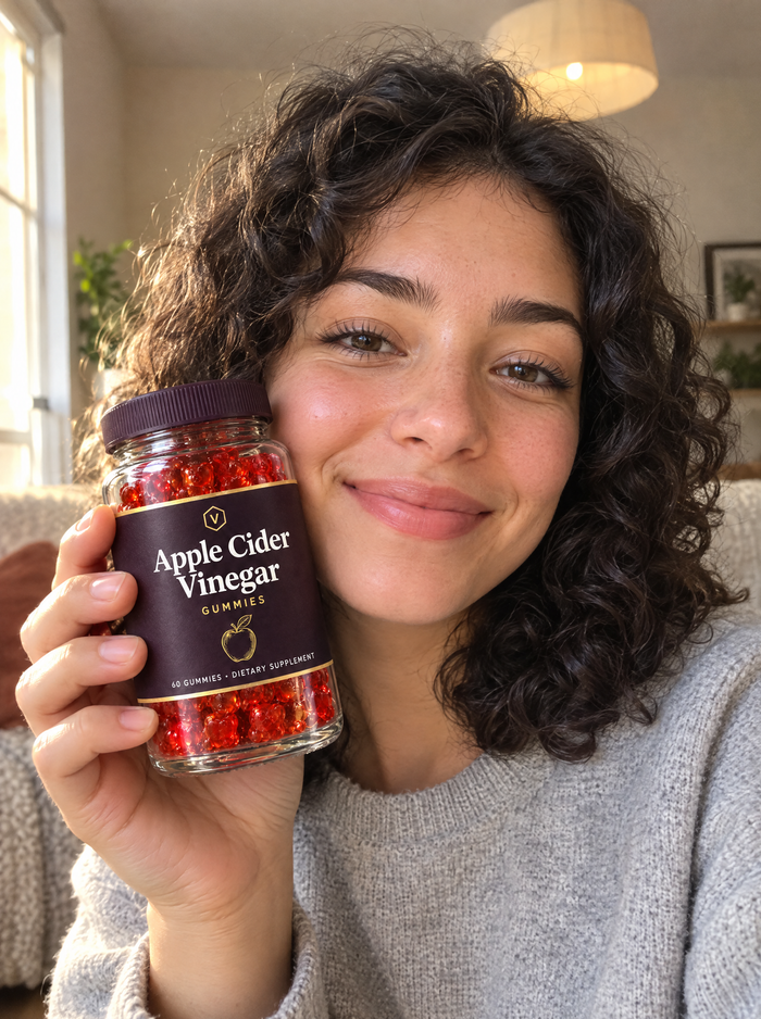 Woman holding a jar of Vitasy Apple Cider Vinegar Gummies at home