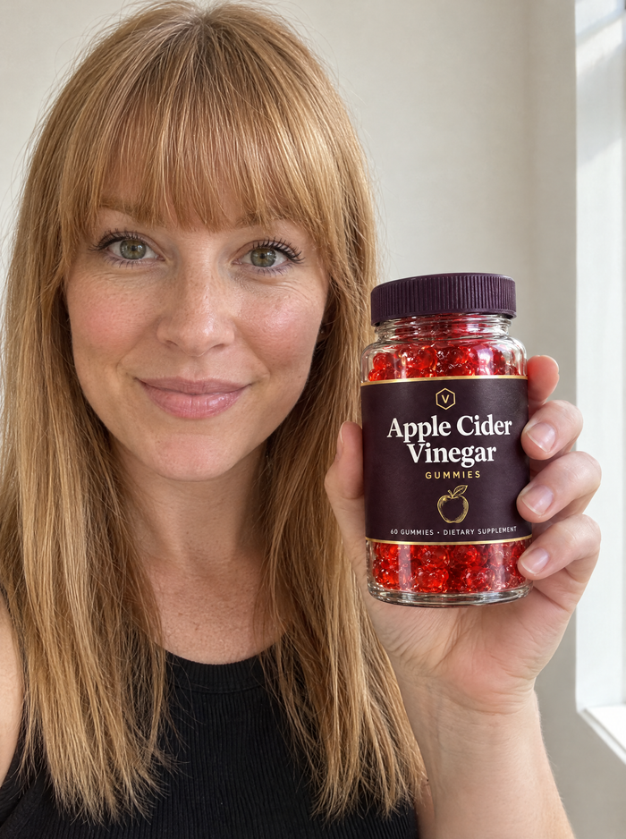 Woman holding a jar of Vitasy Apple Cider Vinegar Gummies