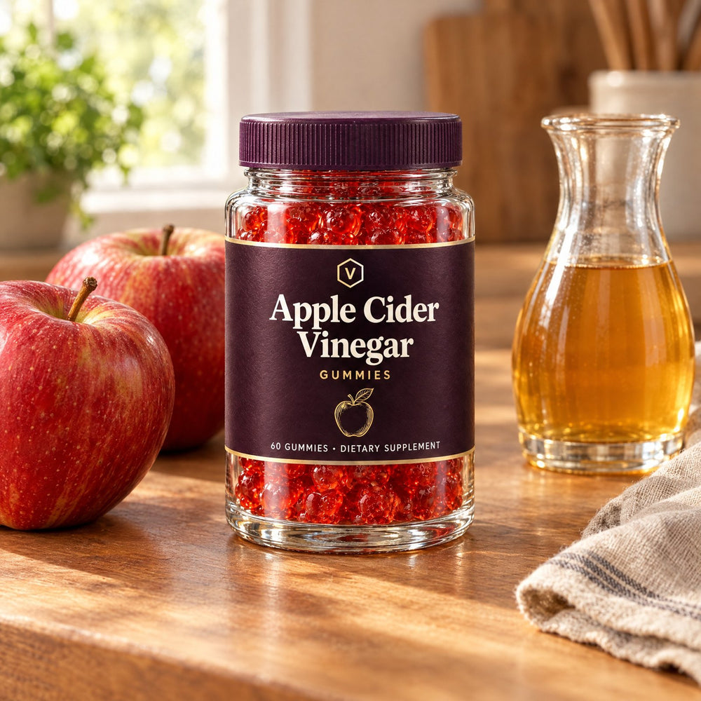 Vitasy Apple Cider Vinegar Gummies on a kitchen counter with apples