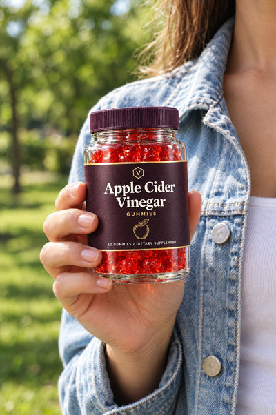 Holding Vitasy Apple Cider Vinegar Gummies outdoors