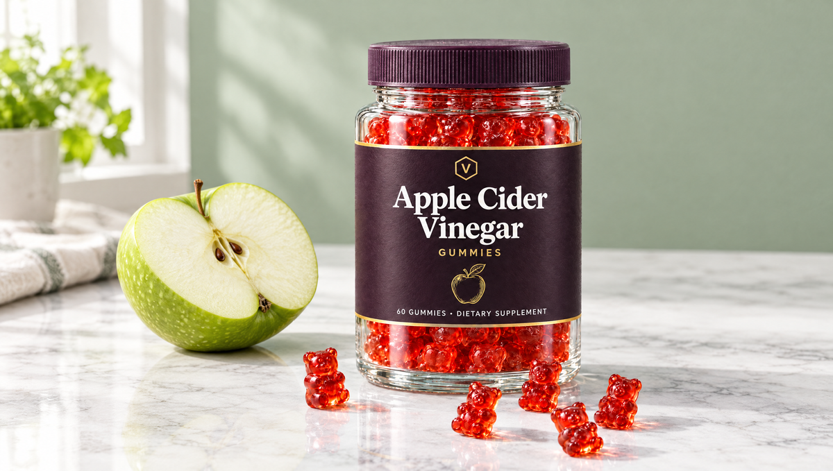 Vitasy Apple Cider Vinegar Gummies jar on a marble counter