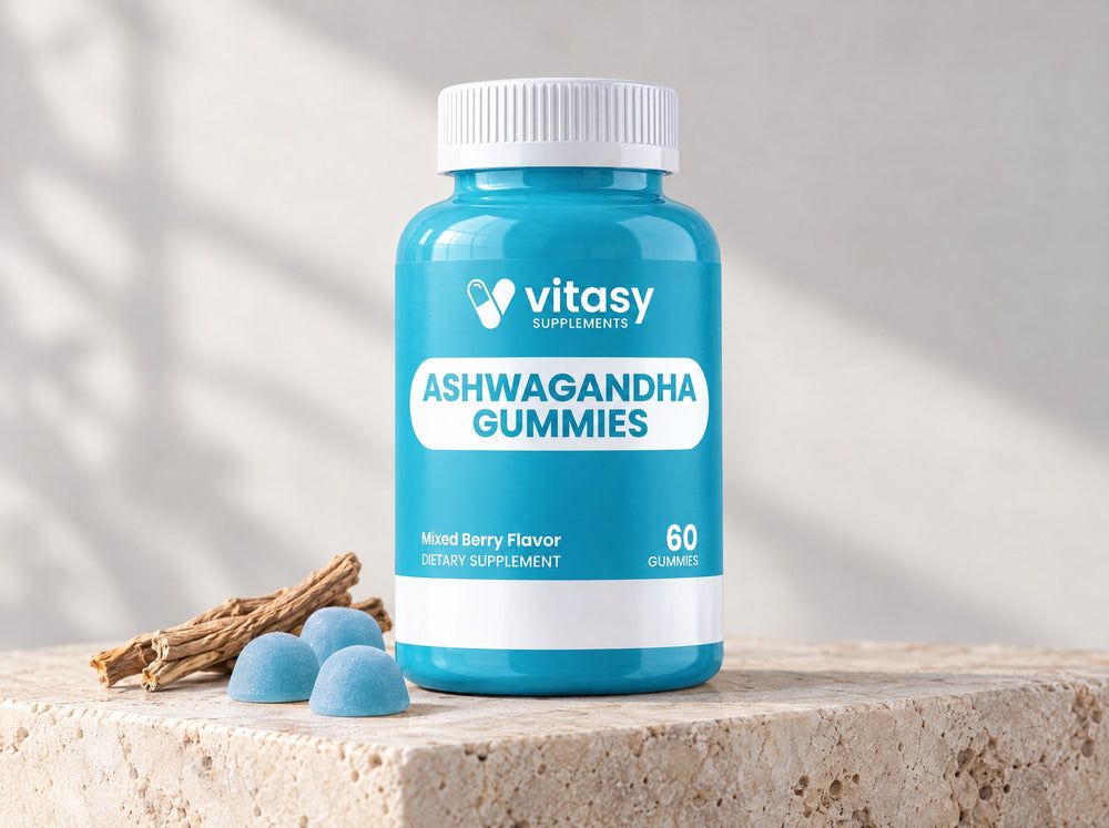 Vitasy Ashwagandha Gummies on a stone plinth
