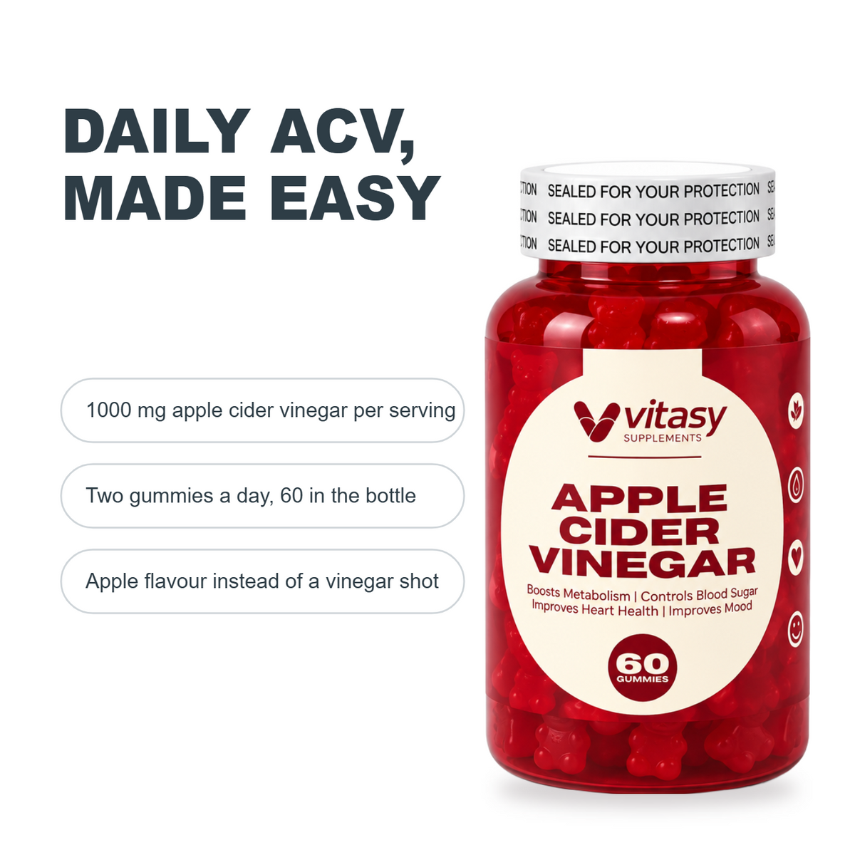 Daily ACV made easy v2 - 1000 mg apple cider vinegar per serving, two gummies a day