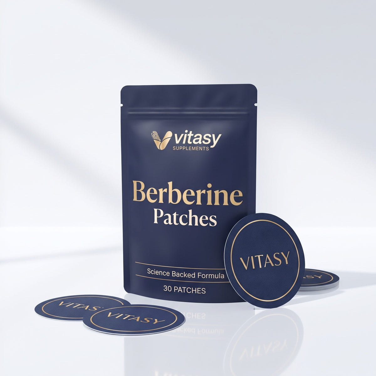 Vitasy Berberine Patches pouch with navy patches