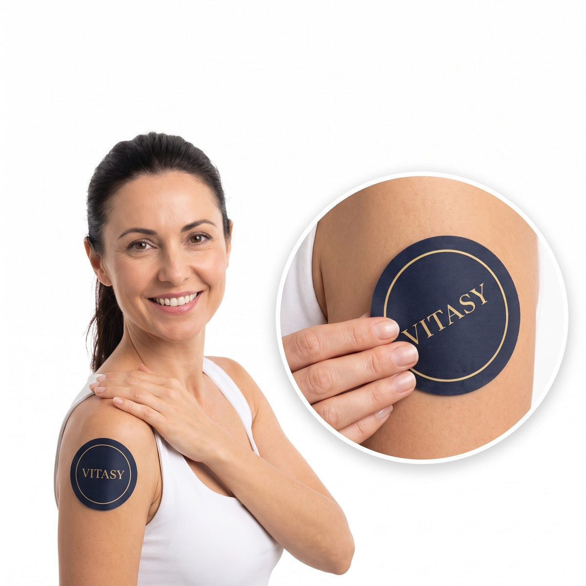 Smiling woman wearing a Vitasy patch on her upper arm
