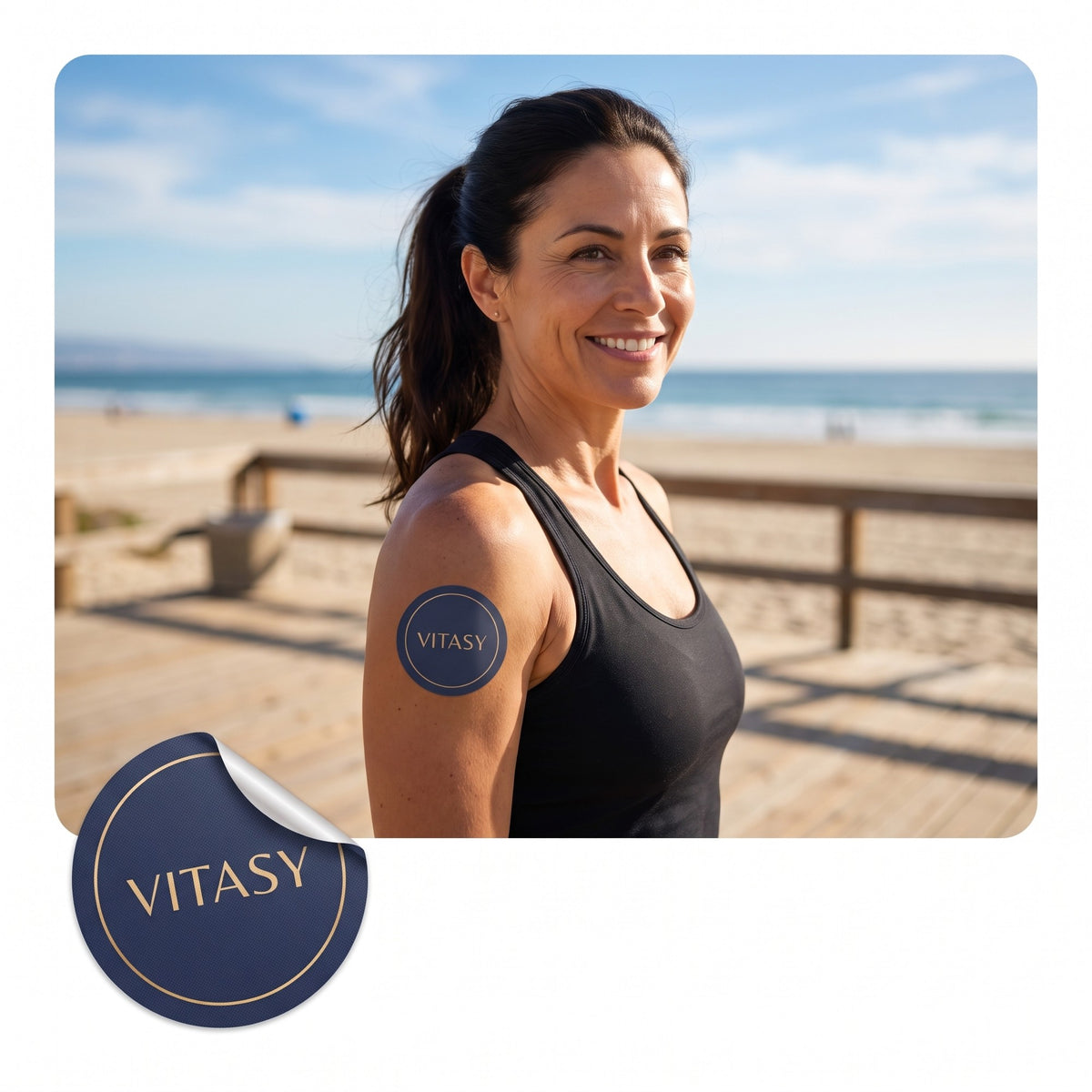 Woman at the beach wearing a Vitasy patch on her arm