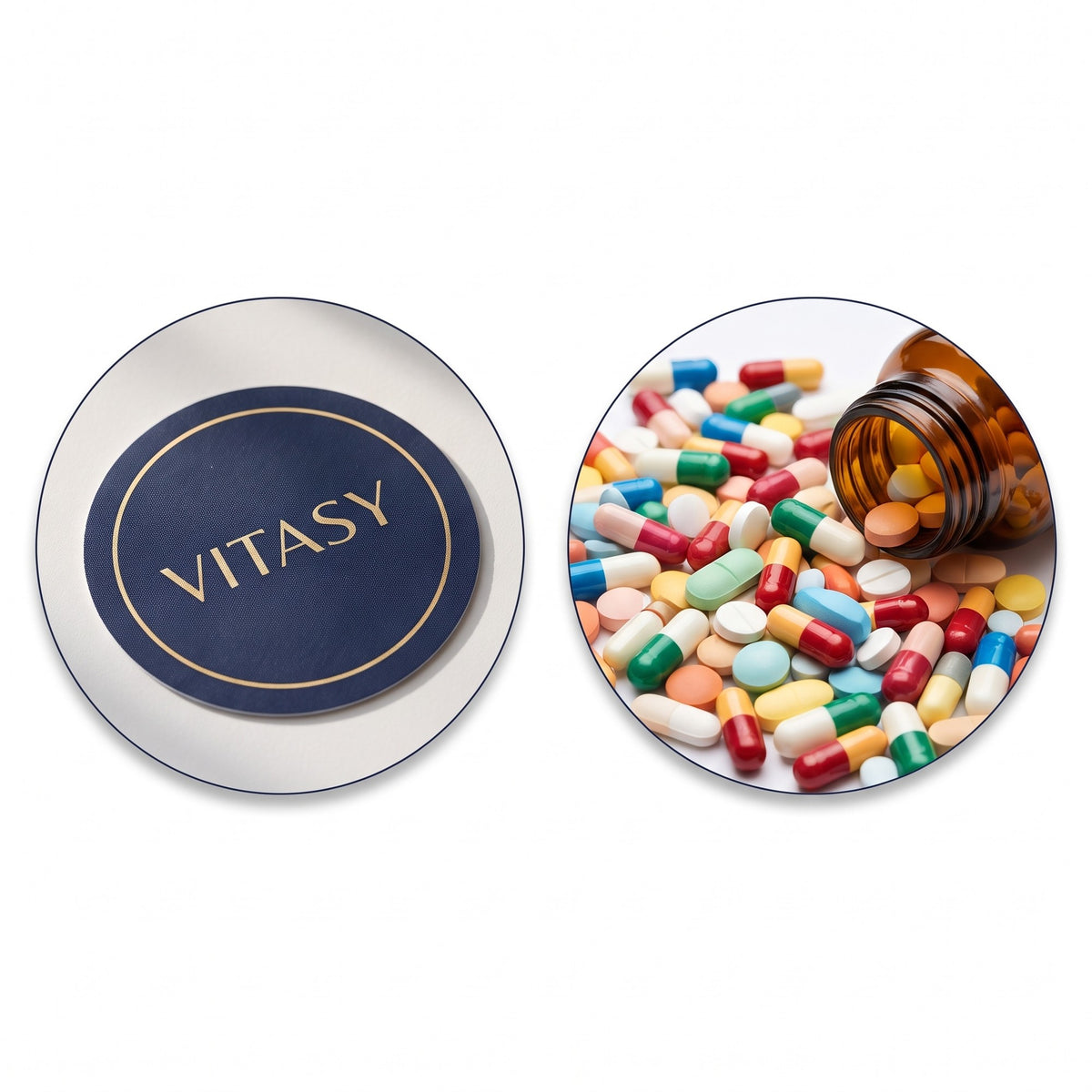 A Vitasy patch next to a pile of capsules and tablets
