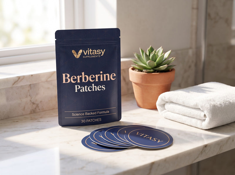 Vitasy Berberine Patches pouch on a bathroom shelf