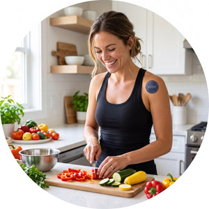 Woman cooking at home wearing a Vitasy patch