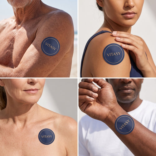 Four people wearing Vitasy patches