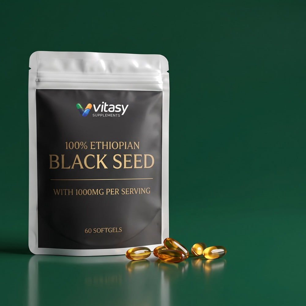 Vitasy Ethiopian Black Seed pouch on a green surface