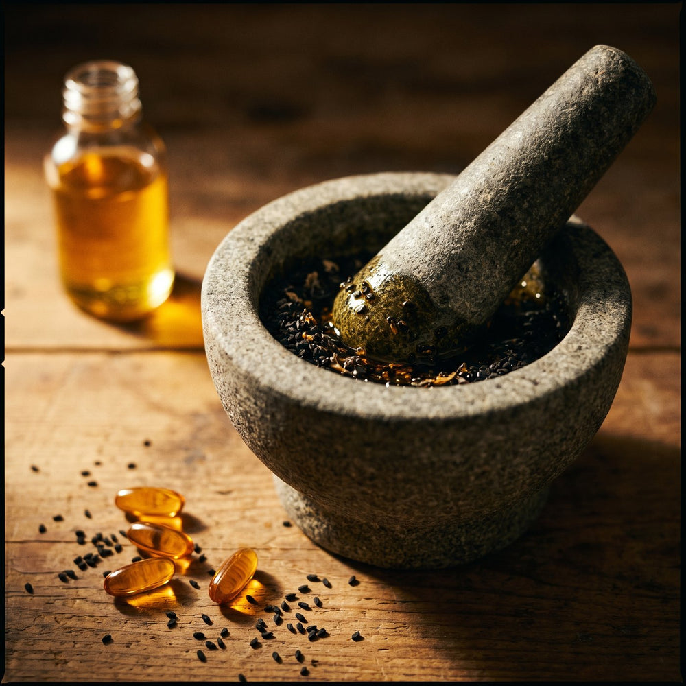 Black seed oil softgels with seeds and a mortar
