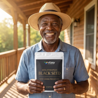 Customer with the Vitasy Ethiopian Black Seed pouch