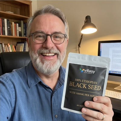 Customer with the Vitasy Ethiopian Black Seed pouch