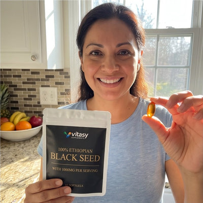 Customer with the Vitasy Ethiopian Black Seed pouch