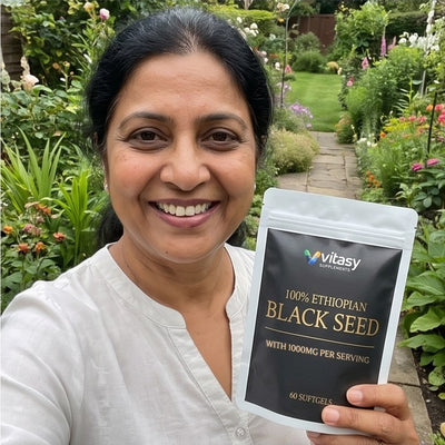 Customer with the Vitasy Ethiopian Black Seed pouch
