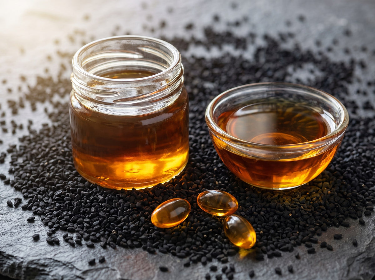 Glass jar and bowl of amber black seed oil on black Nigella sativa seeds