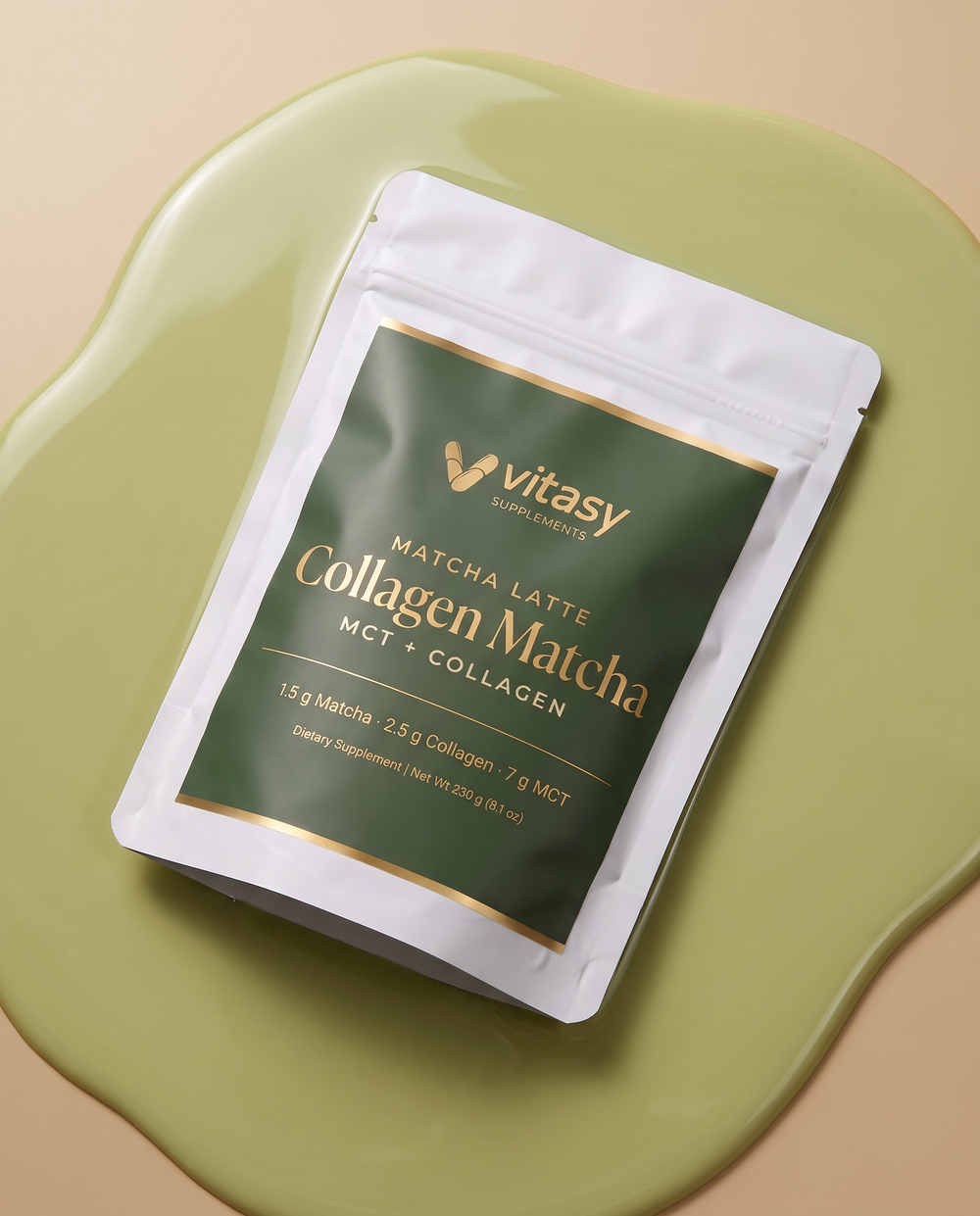 Collagen Matcha pouch on a pool of matcha latte