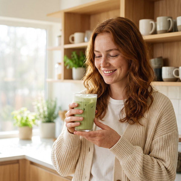 Woman smiling with a glass of iced matcha latte
