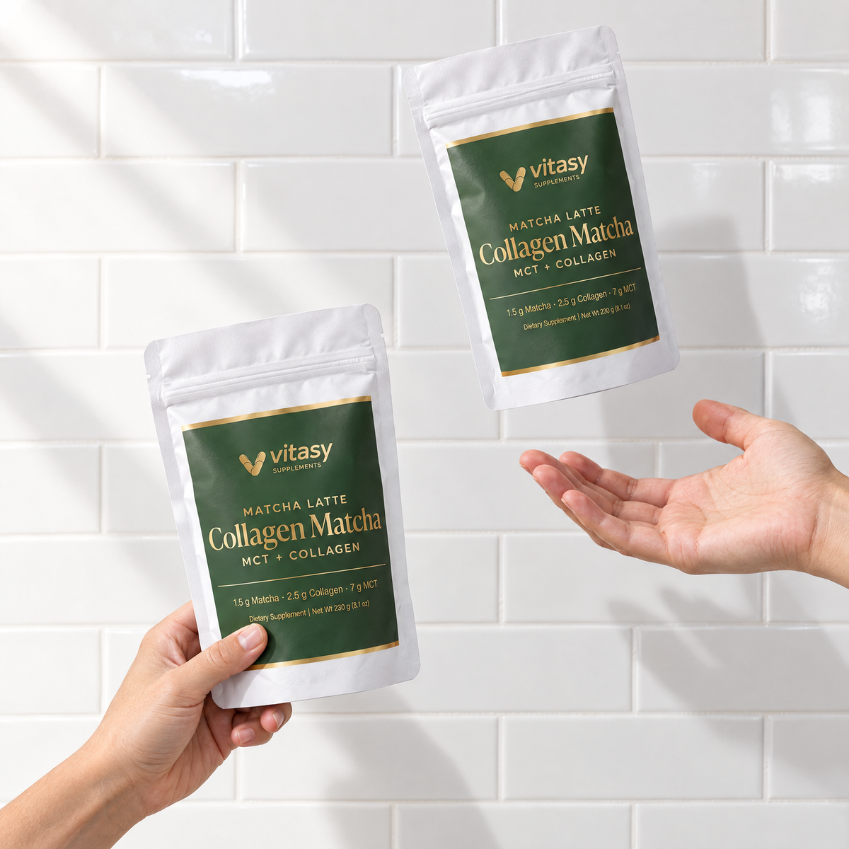 Two Vitasy Collagen Matcha pouches tossed between two hands