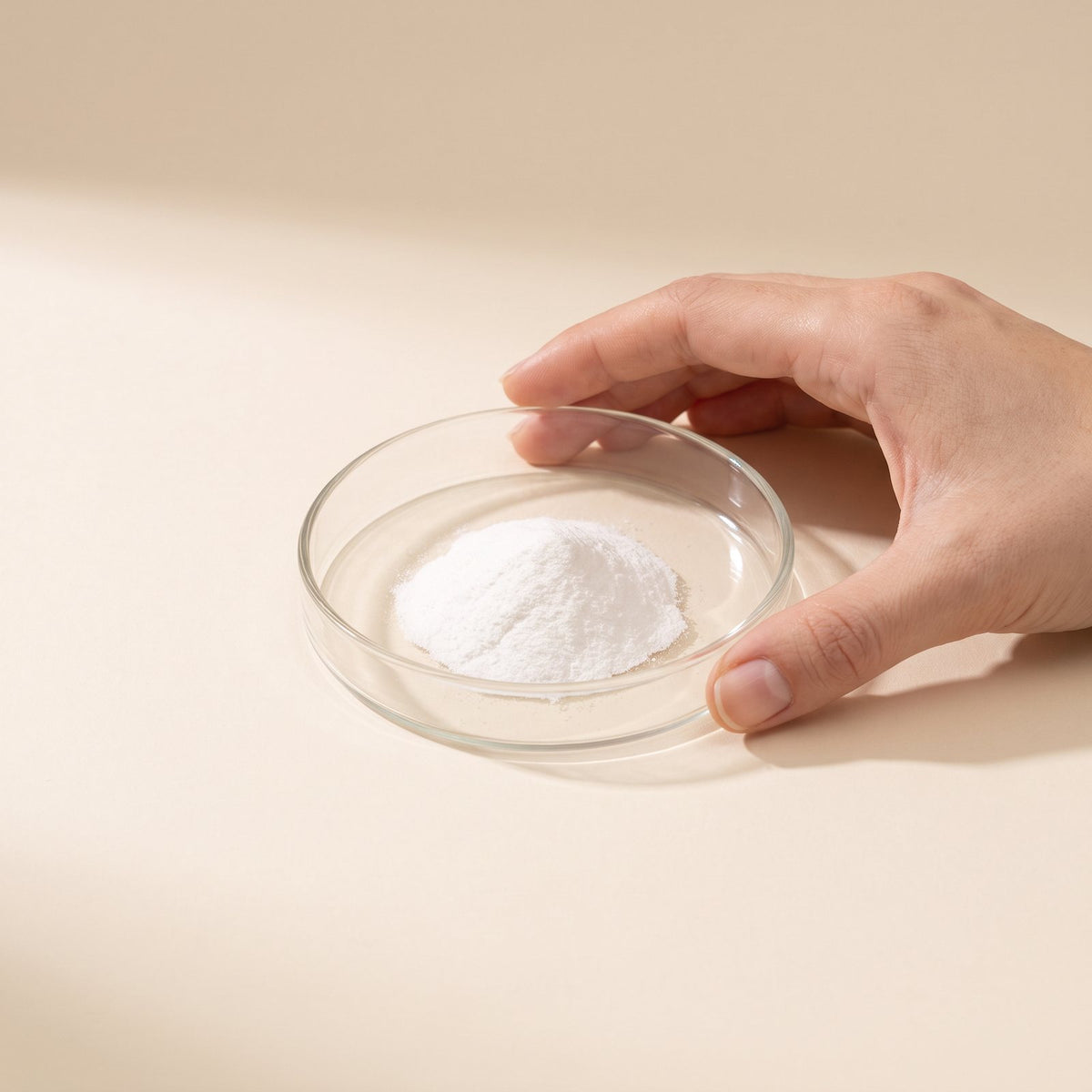 Hand holding a glass dish with fine white powder