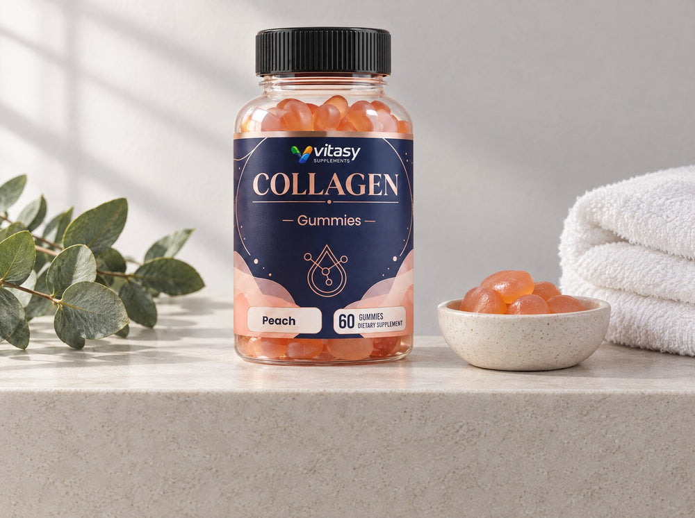 Vitasy Collagen Gummies on a bathroom shelf
