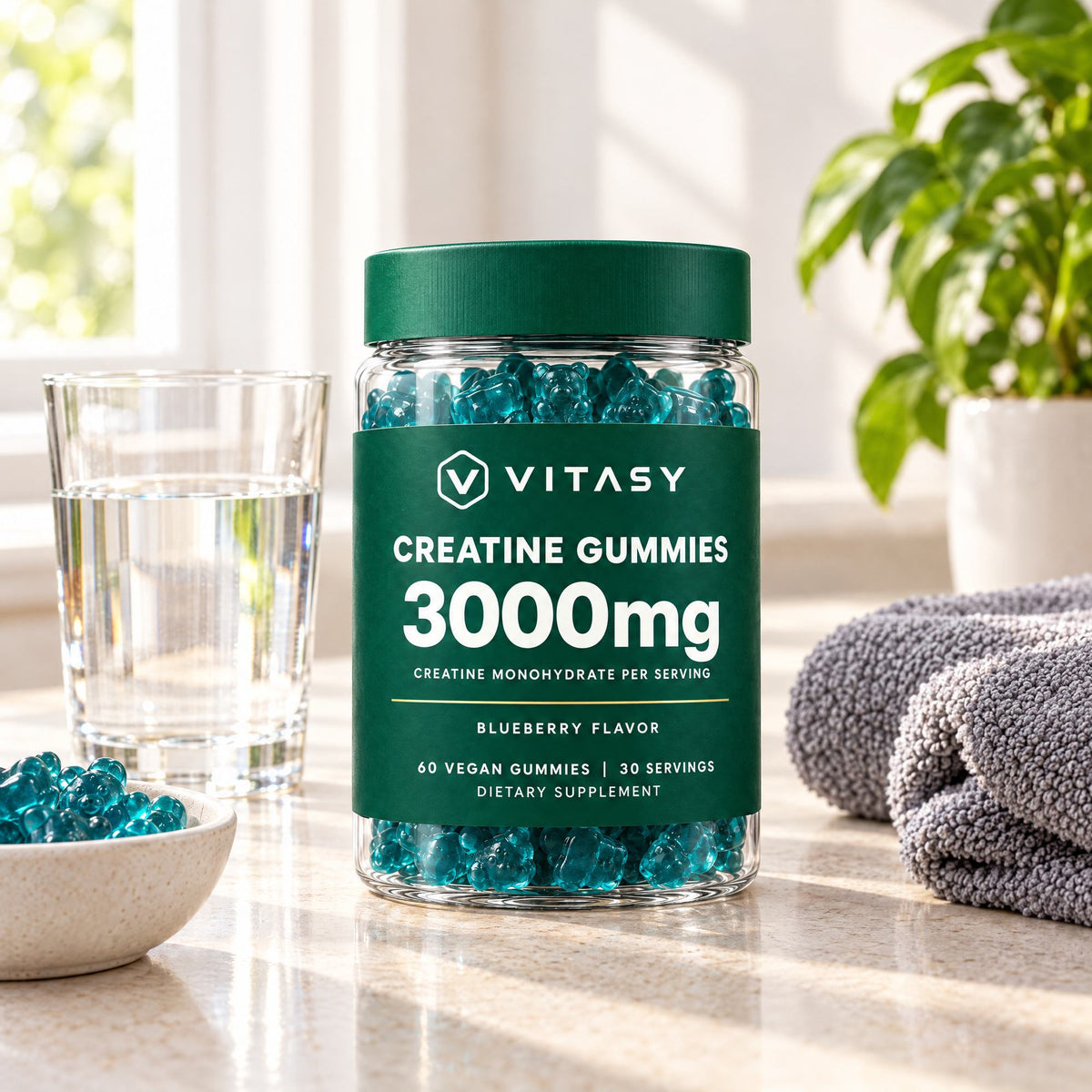 Vitasy Creatine Gummies jar on a kitchen counter