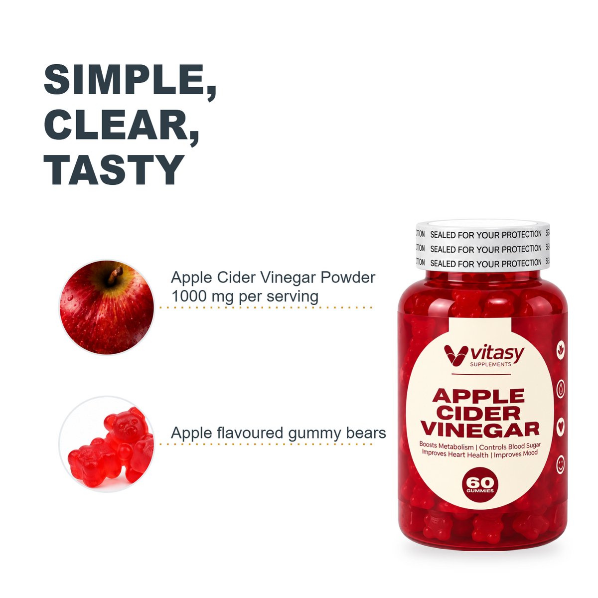 Simple clear tasty v2 - apple cider vinegar powder 1000 mg and apple flavoured gummy bears