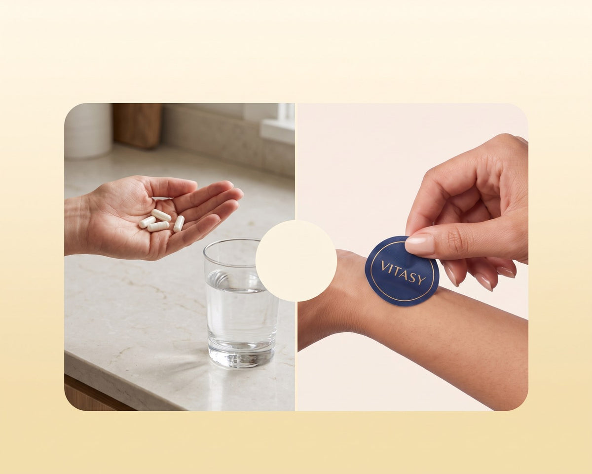 Capsules with a glass of water next to a Vitasy patch being applied to the wrist