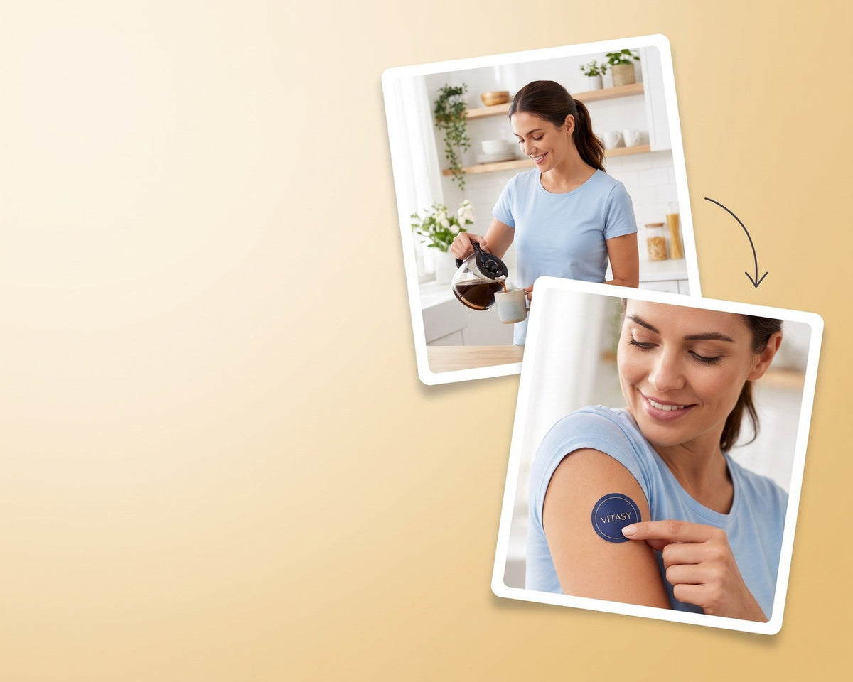 Woman making coffee in the morning and applying a Vitasy patch to her upper arm