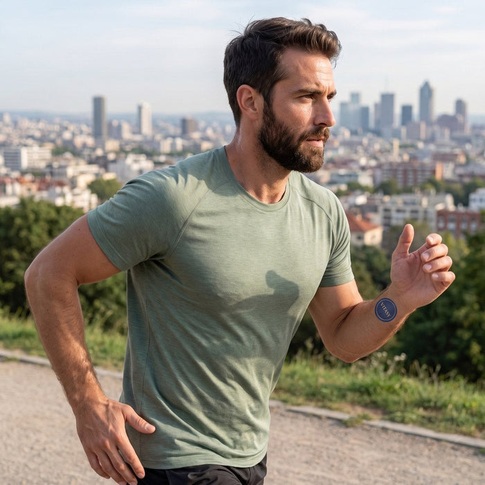 Man running outdoors wearing a Vitasy Energy Patch on his wrist