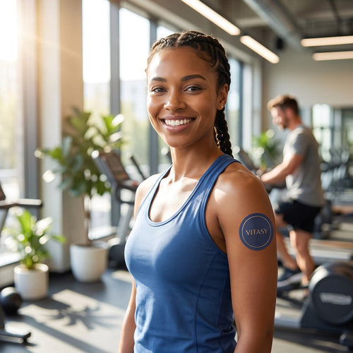 Woman wearing a Vitasy Energy Patch at the gym