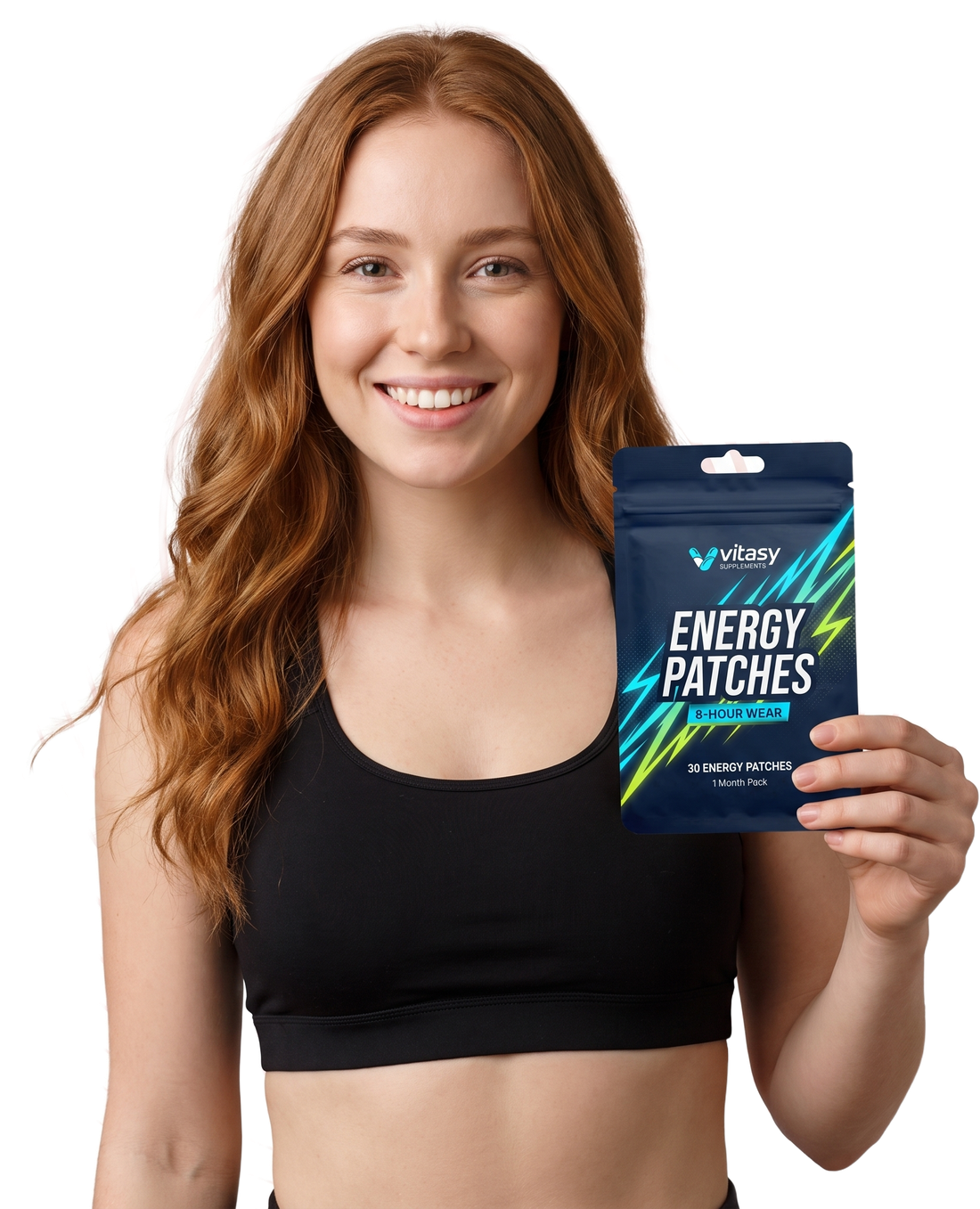 Woman holding a Vitasy Energy Patches pouch