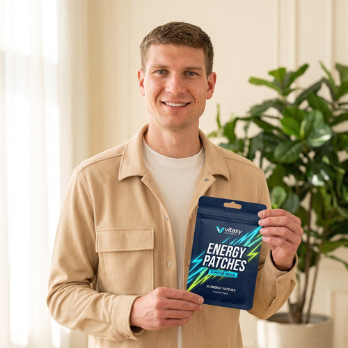 Man holding a pouch of Vitasy Energy Patches
