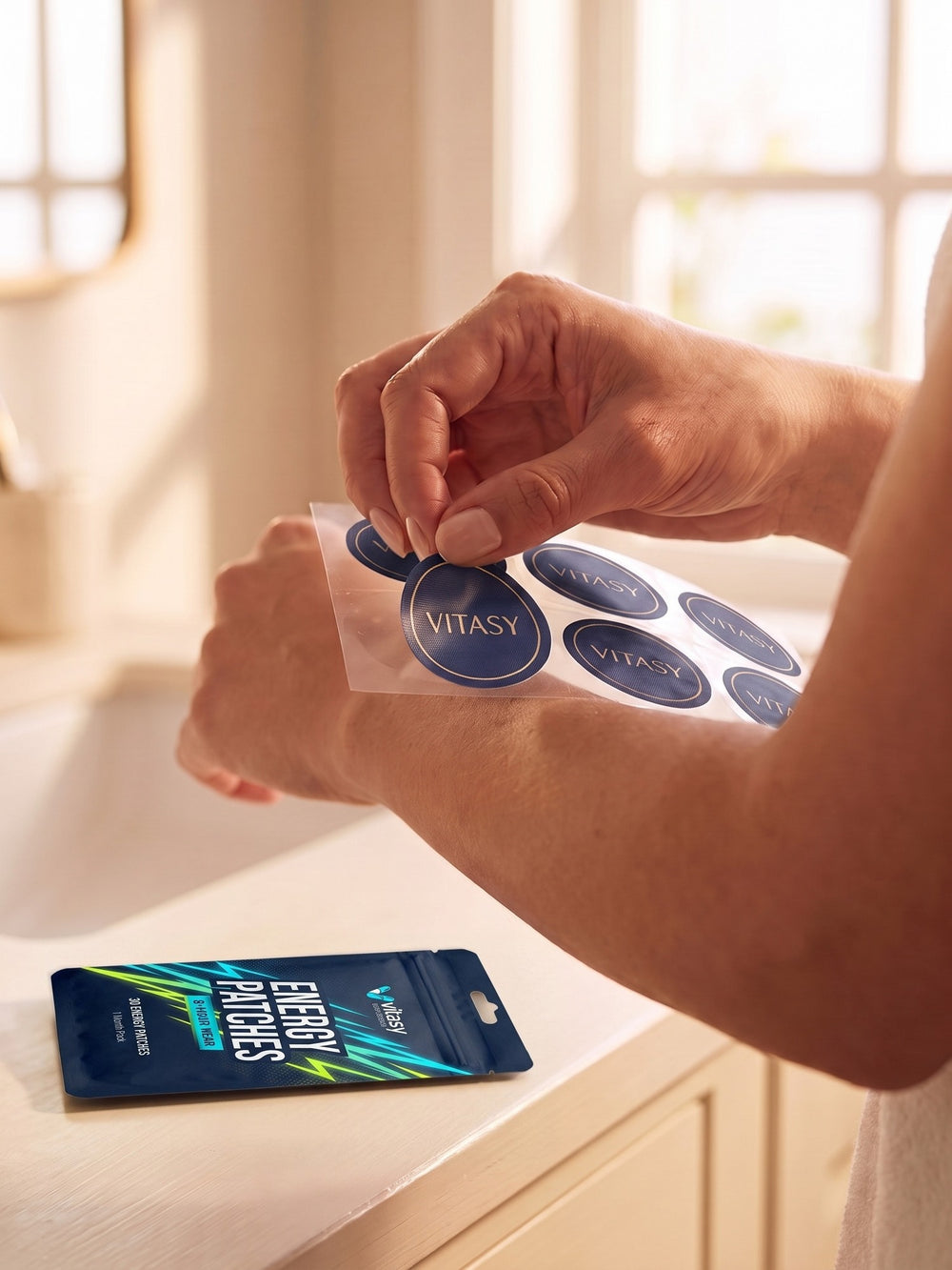Hand peeling a Vitasy energy patch from its backing