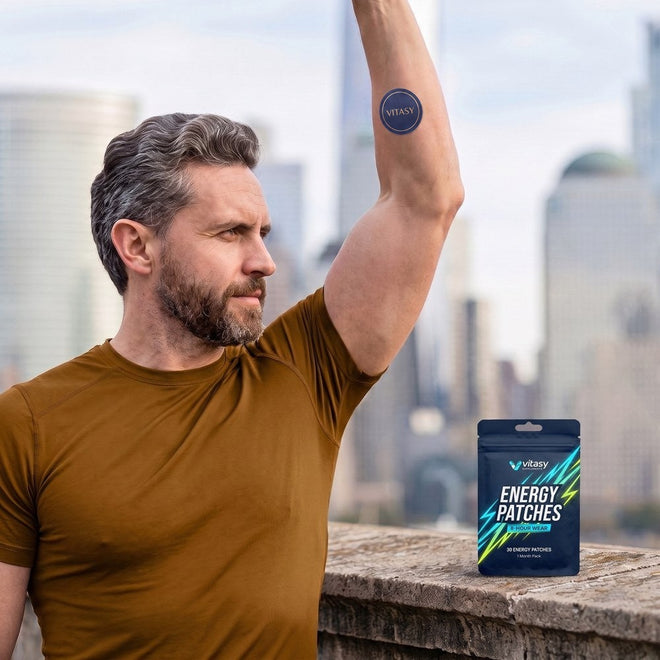 Man stretching in the city wearing a Vitasy patch