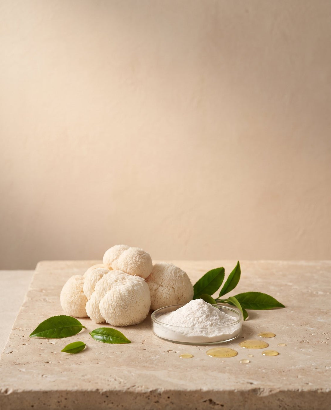 Lion's mane, tea leaves and a dish of white powder