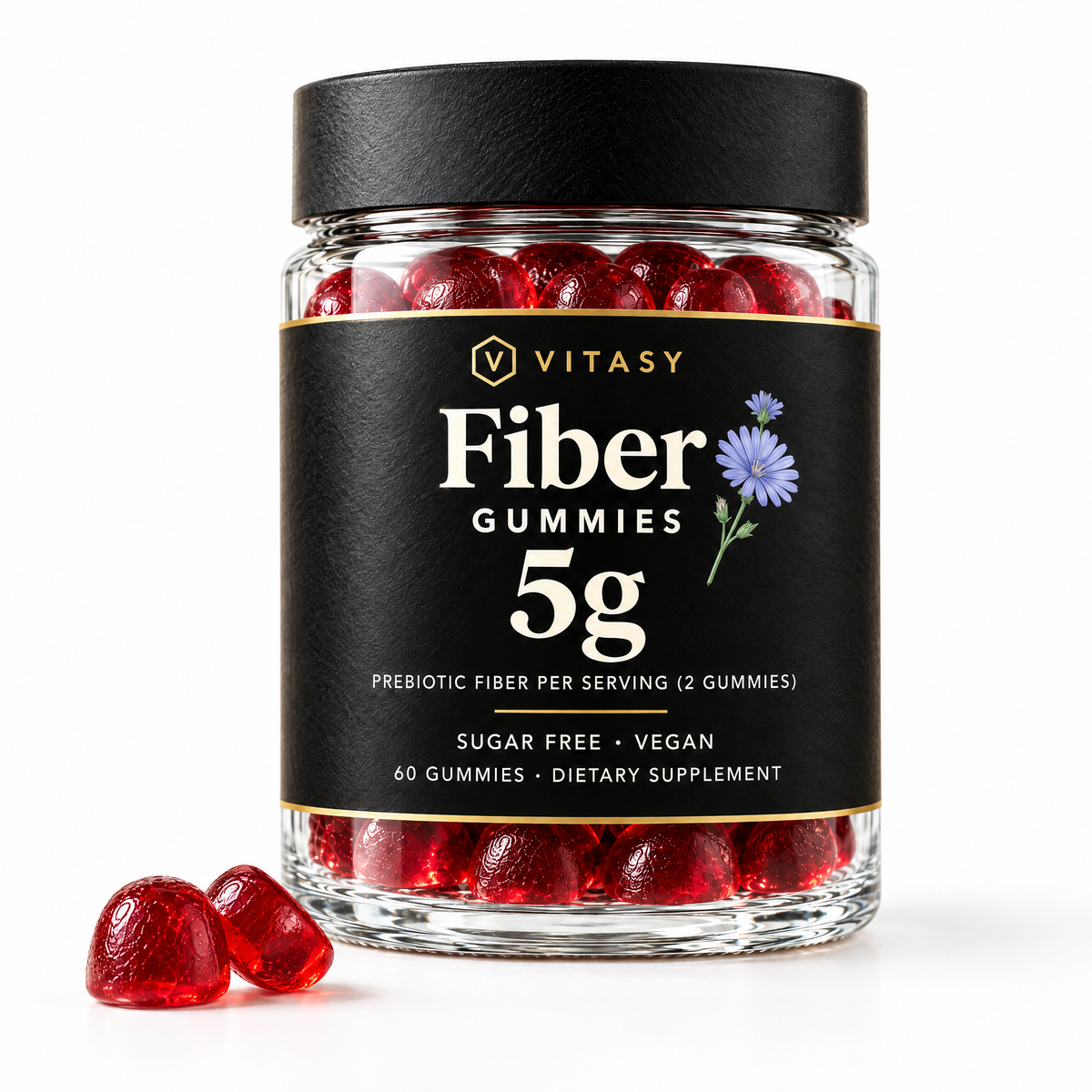 Vitasy Fiber Gummies jar with two red gummies