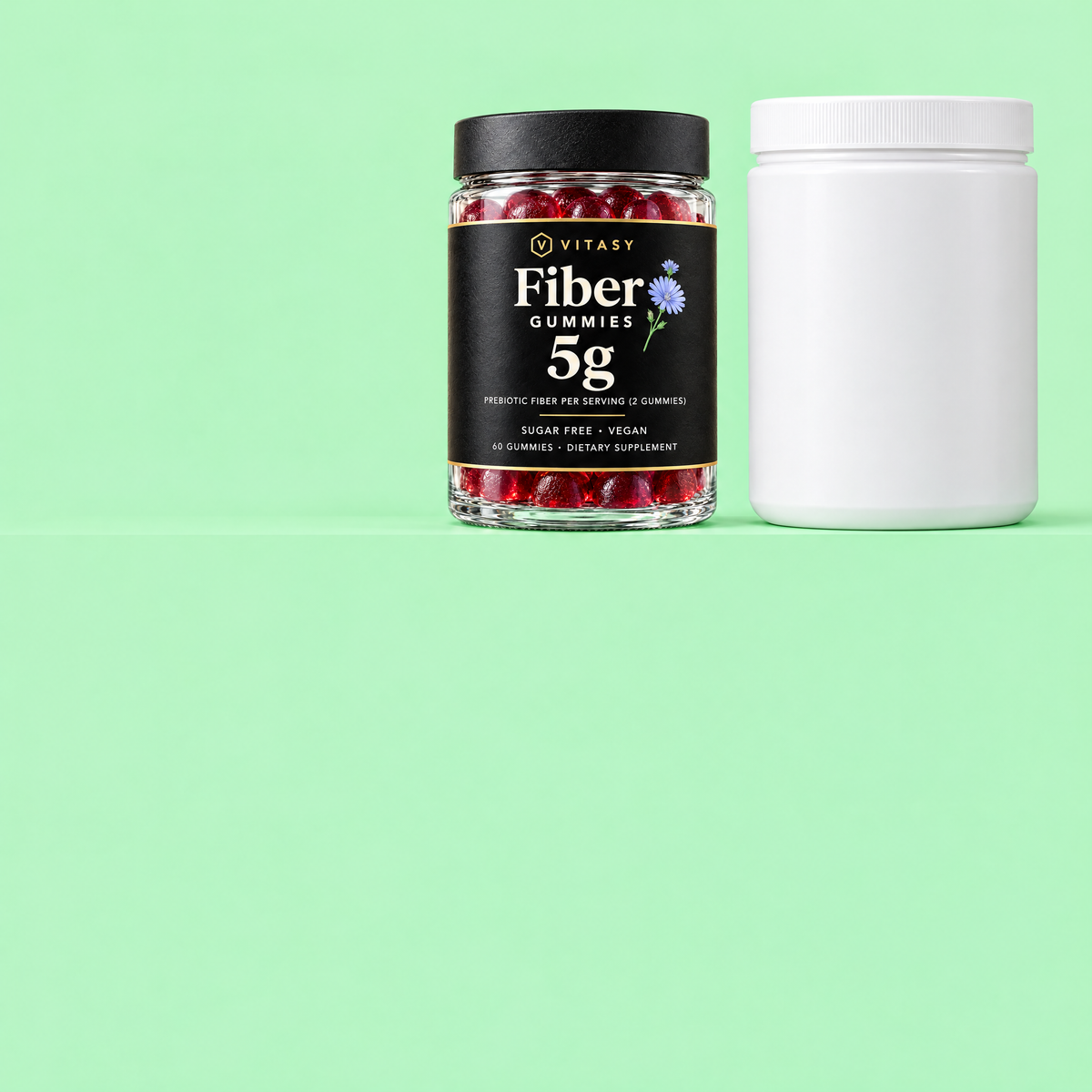 Vitasy Fiber Gummies jar next to a plain powder tub