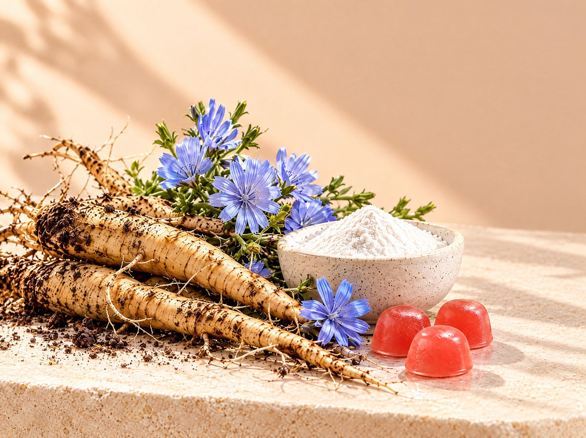 Fresh chicory roots, blue chicory flowers, inulin powder and fiber gummies