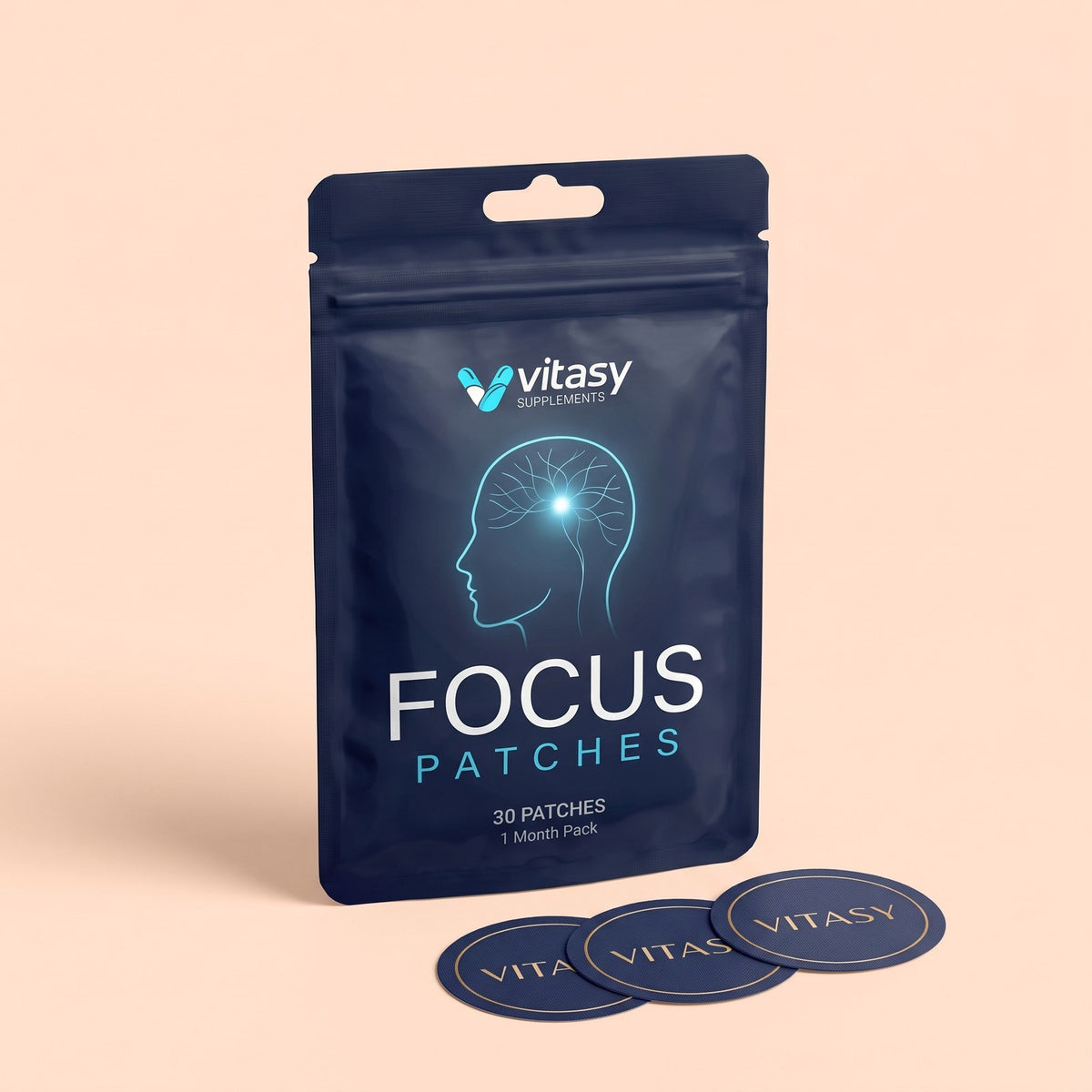 Vitasy Focus Patches pouch with round navy patches