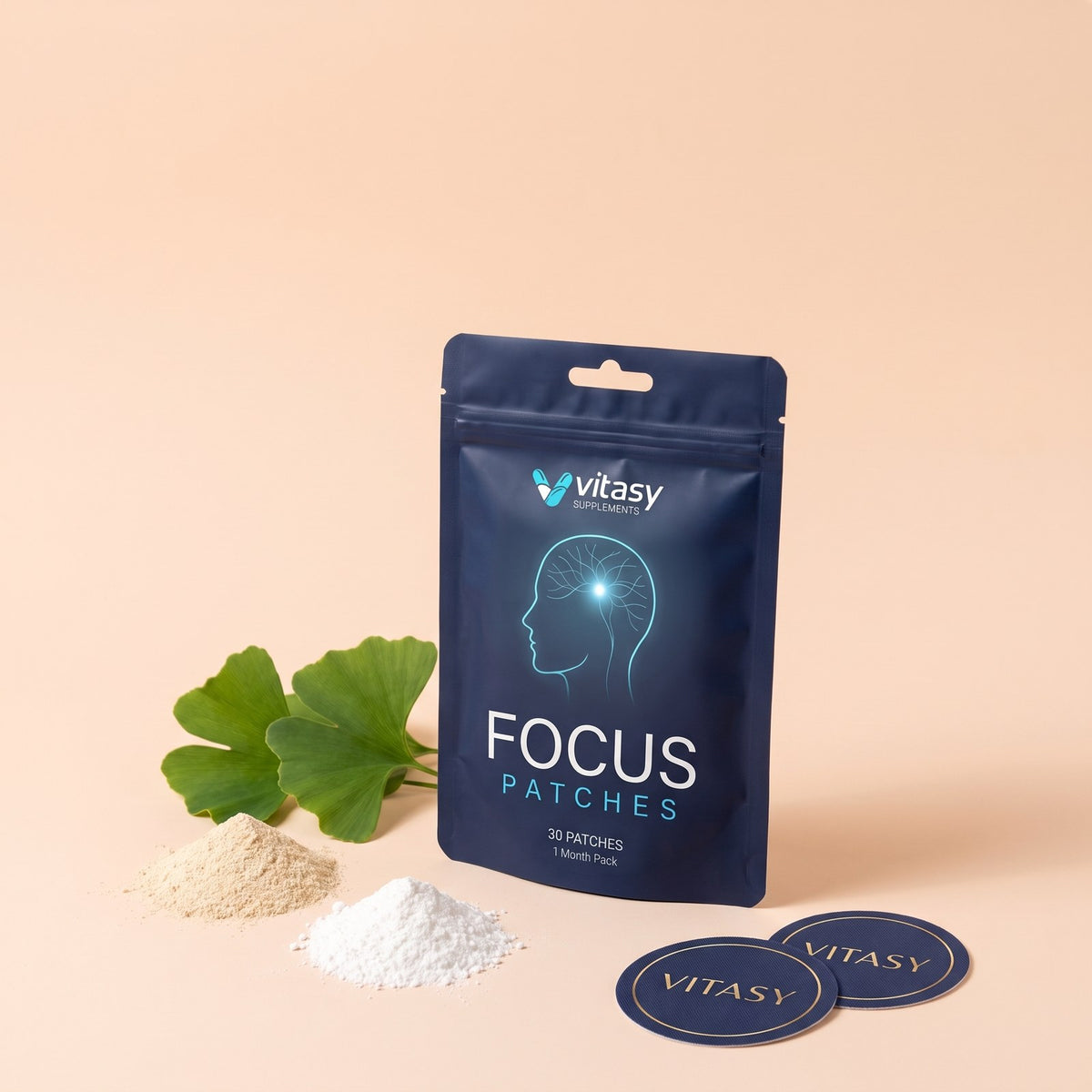 Vitasy Focus Patches pouch with ginkgo leaves and ingredient powders