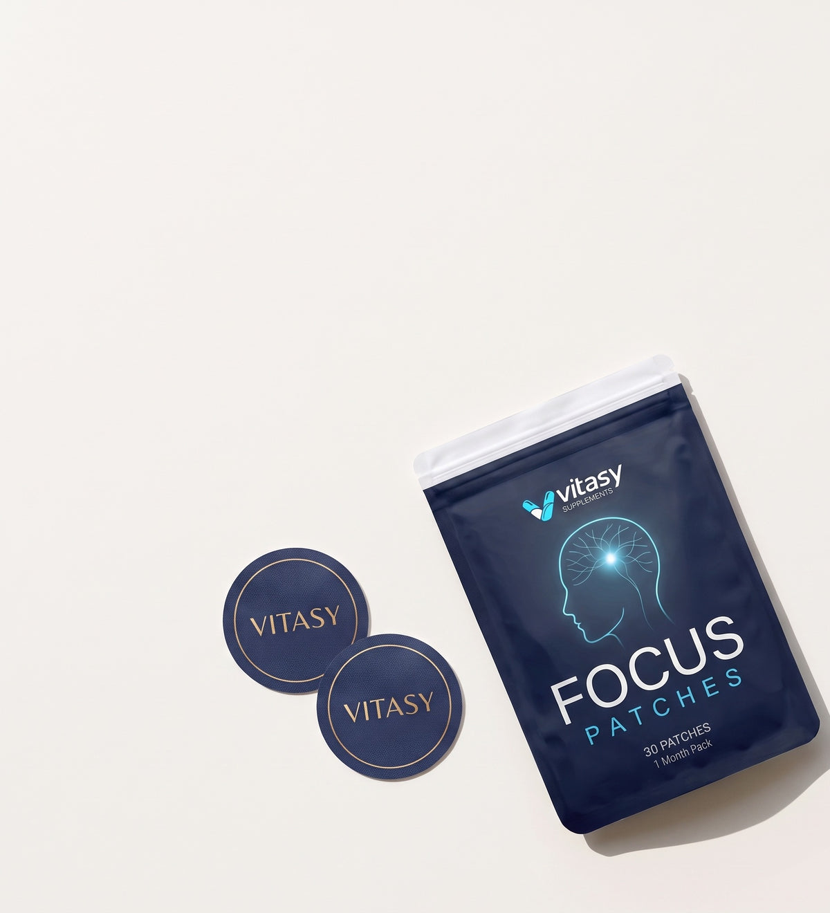 Vitasy Focus Patches pouch with how-to-use and ingredient information