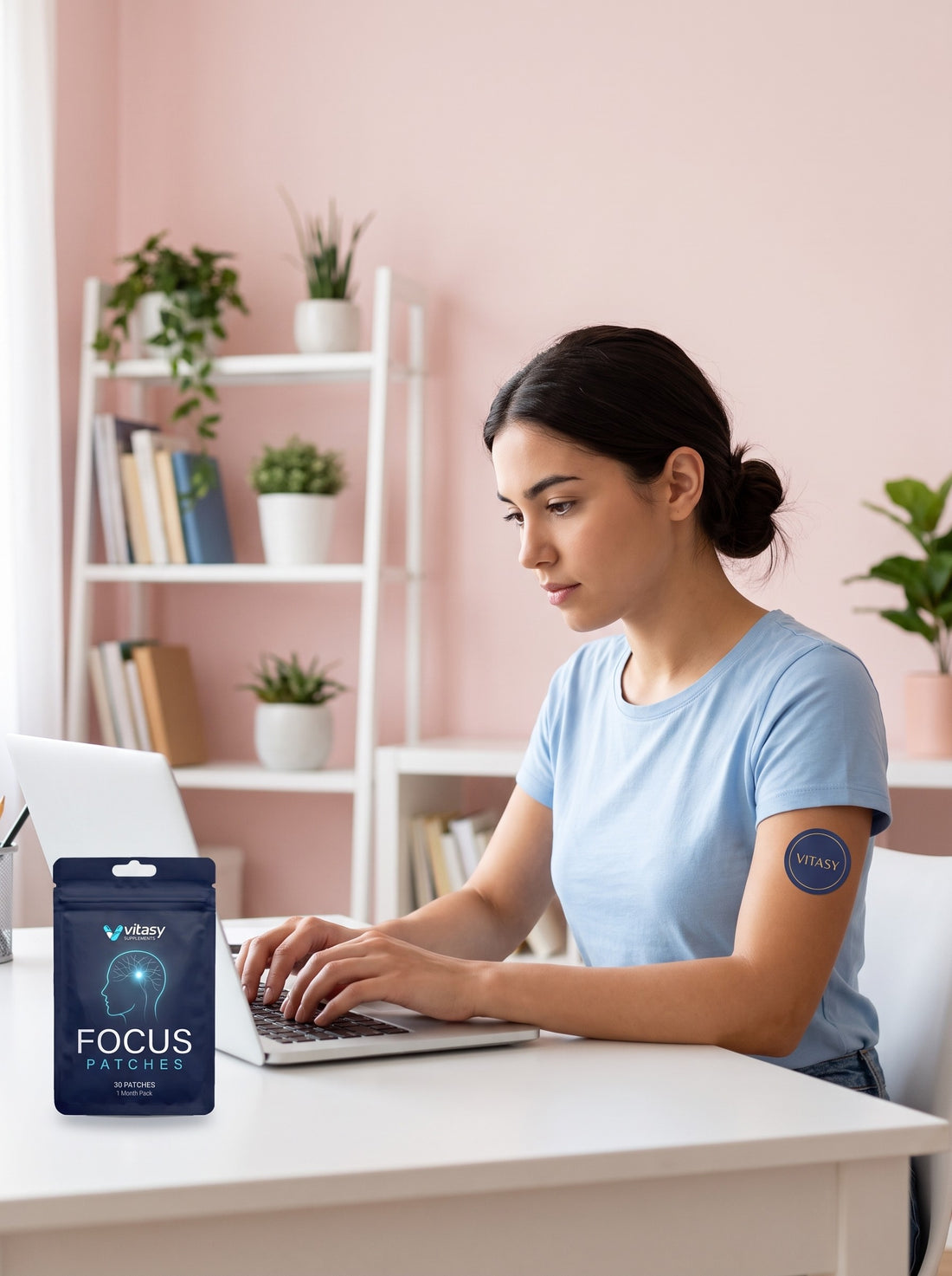 Woman working calmly at her laptop with a Vitasy patch on her arm and a pouch on the desk