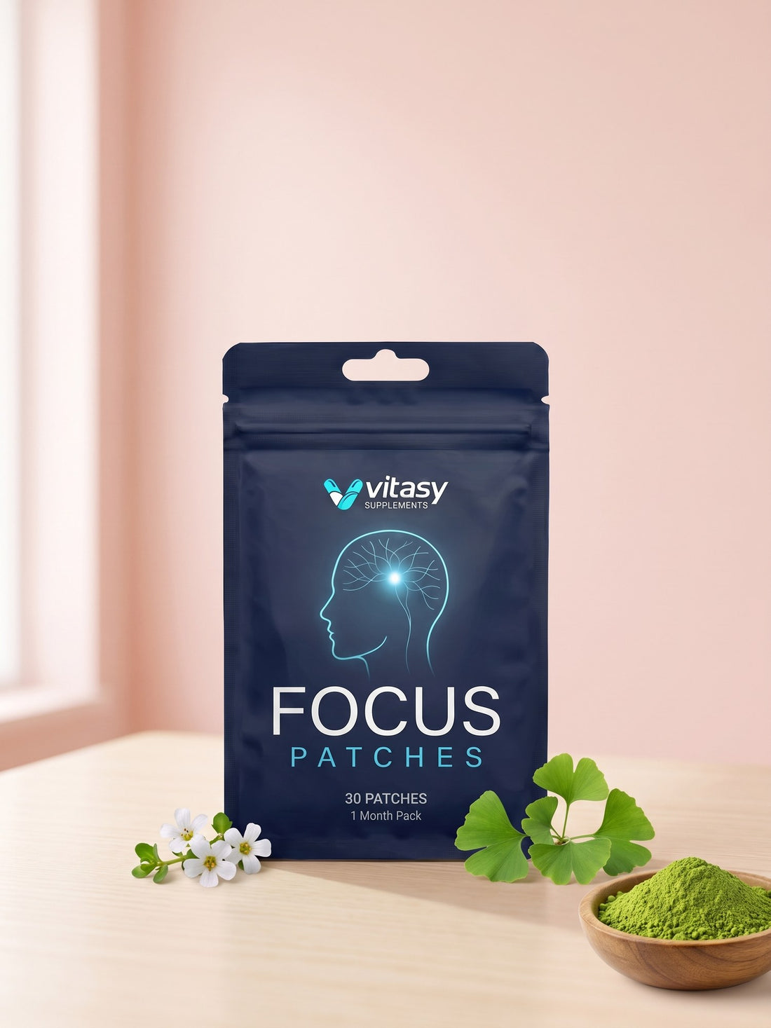 Vitasy Focus Patches pouch with ginkgo leaves, bacopa flowers and green tea powder