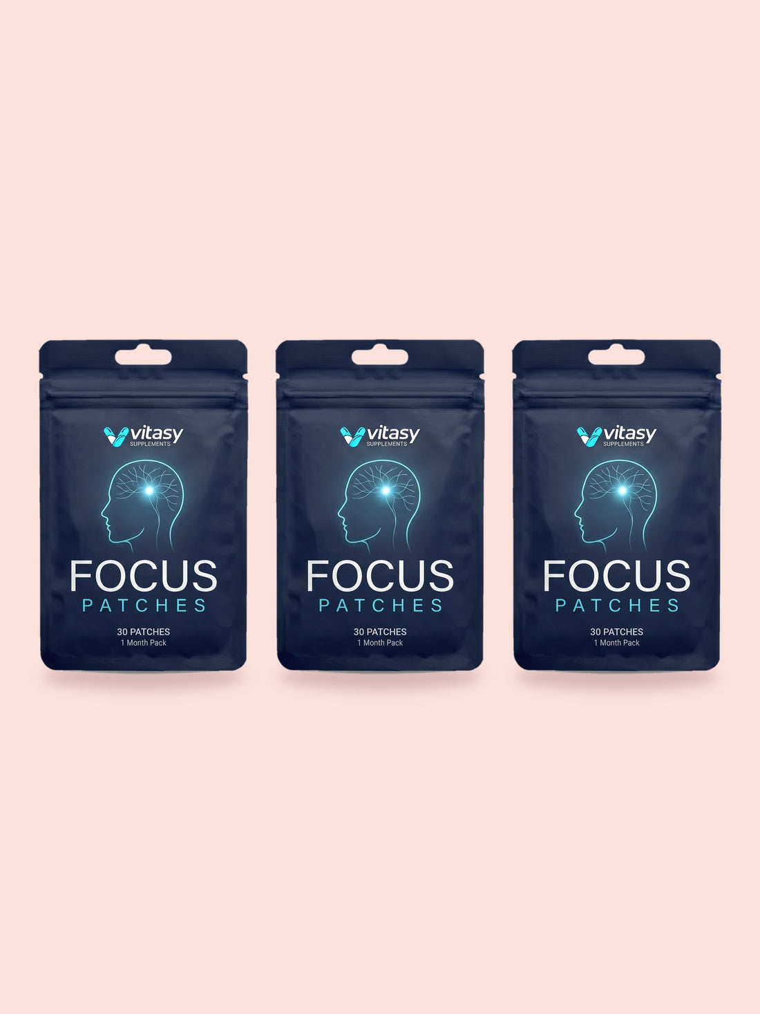 Three pouches of Vitasy Focus Patches side by side