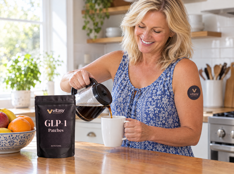 Woman pouring coffee in her kitchen wearing a patch