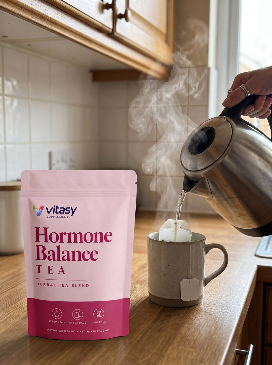 Pouring hot water over a tea bag next to the Vitasy pouch